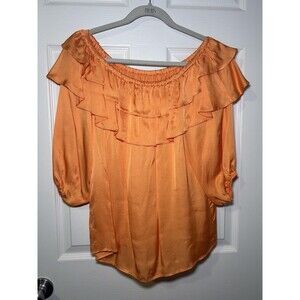 CeCe Blouse Women's Medium Orange Off Shoulder Ruffle Puff Sleeve Summer Top
